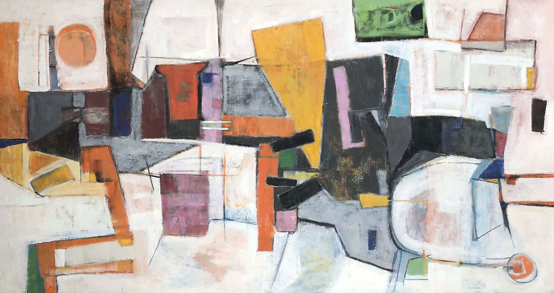The City: Abstract Painting by Ethel Fisher, 1957, oil on canvas, 30 x 68 inches, mid-twentieth century abstract painting, widely exhibited in Havana, Cuba.