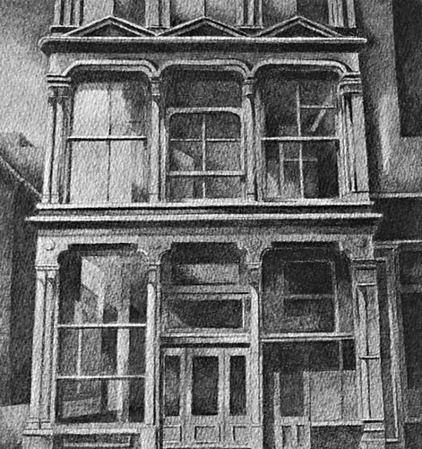 101 Spring Street, New York: Drawing by Ethel Fisher, 1976, of the exterior of Donald Judd's studio, now the Judd Foundation, a five-story cast-iron building designed by Nicholas Whyte, graphite on Arches paper, 20 x 14 inches, twentieth-century drawing of a New York building facade.