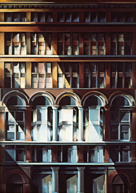Fine Arts Building, Chicago (410 S. Michigan Avenue): Painting by Ethel Fisher, 1976, oil on canvas, 66 x 47 inches, twentieth century painting of the Fine Arts Building in Chicago, the nation's oldest art colony, built in 1886 and re-designed in 1898 specifically for working artists.