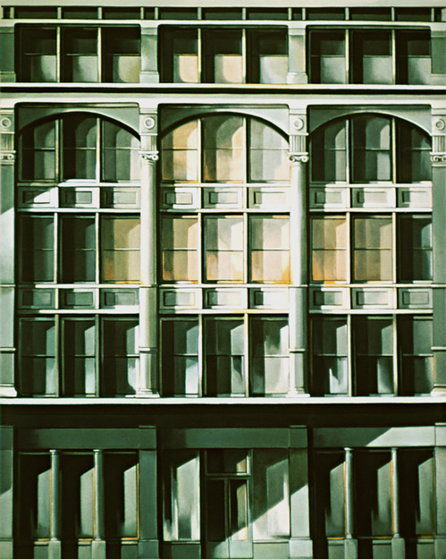 Roosevelt Building: Painting by Ethel Fisher, 1974, oil on canvas, 68 x 54 inches, twentieth century painting of a New York building façade of the Roosevelt Building also known as the Roosevelt Hotel at Madison Avenue and 45th Street in midtown Manhattan, named in honor of President Theodore Roosevelt.
