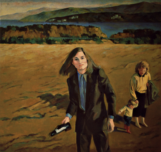 Santa Monica Beach (Sandra, Alix, Max): Painting by Ethel Fisher, 1989, of Sandra Fisher Kitaj, Max Kitaj and the nanny Alix at the seashore, oil on canvas, 40 x 42 inches, twentieth century figure painting.