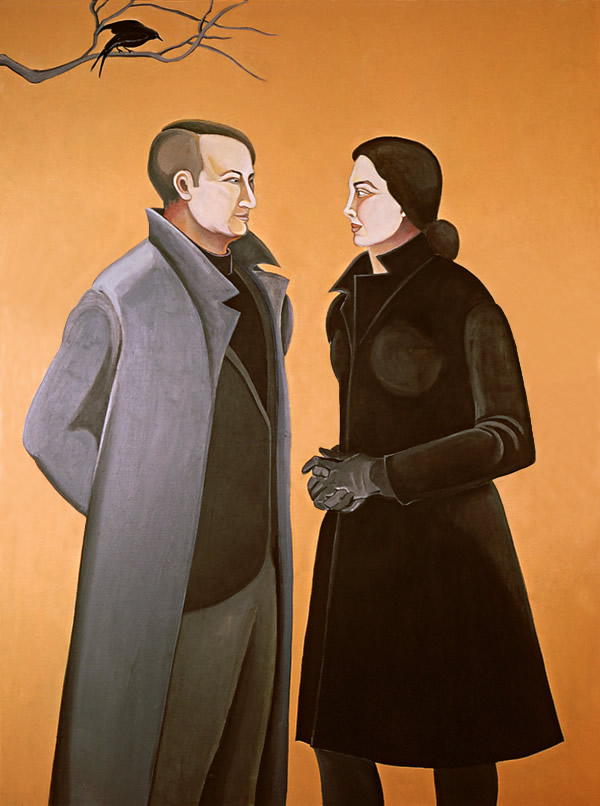 Two Figures (Profile)/Orange Space: Large figure painting of Ethel Fisher and her husband by Ethel Fisher, 1968, oil on canvas, 60 x 40 inches, mid-twentieth century painting.