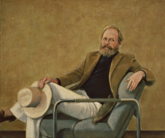 Ron Seated, Holding Hat: Painting of Los Angeles artist Ron Kullaway by Ethel Fisher, 1983, oil on canvas, 12 x 14 inches, twentieth century figure painting.
