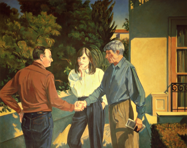 Farewell to Hollywood (David Ward, Sandra Fisher, R. B. Kitaj): Painting by Ethel Fisher, 1991, of Sandra Fisher, Ron Kitaj and David Ward with landscape, oil on canvas, 48 x 60 inches, twentieth century figure painting.