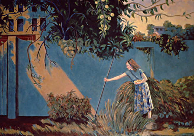 Under the Lemon Tree: Figure Painting by Ethel Fisher, 1991, of Sandra Fisher Kitaj, the artist's daughter, in a Los Angeles landscape, oil on canvas, 48 x 54 inches, twentieth century figure painting.