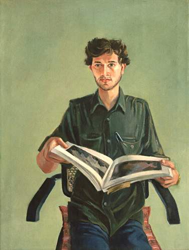 Lem Holding Book: Painting of Lem Kitaj (Lem Dobbs) in Los Angeles by Ethel Fisher, 1985, oil on canvas, 24 x 18 inches, twentieth century portrait painting.