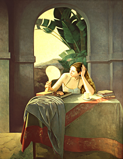 Model Holding Mirror: Figure Painting in a Spanish southern California architectural setting by Ethel Fisher, 1982, oil on canvas, 72 x 51 inches, twentieth century figure painting.