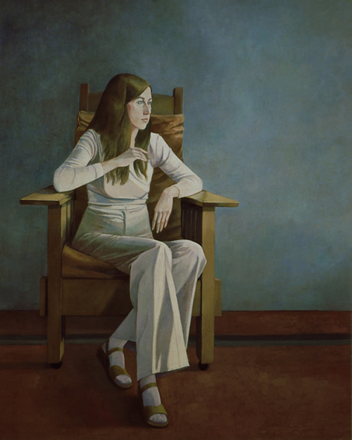 Martha in Morris Chair: Large Figure Painting of artist Martha Alf in Los Angeles by Ethel Fisher, 1980, oil on canvas, 60 x 48 inches, twentieth century figure painting.