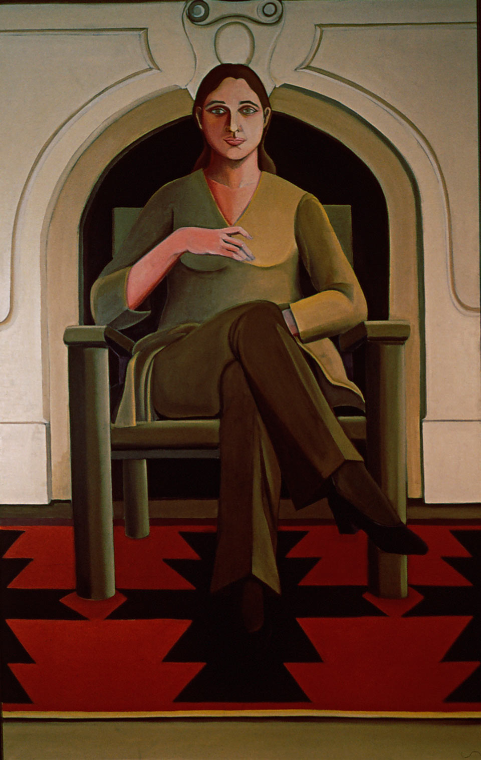 Self Portrait New York Fireplace by Ethel Fisher, 1969, oil on linen, 68 x 41 inches, twentieth century figure painting.