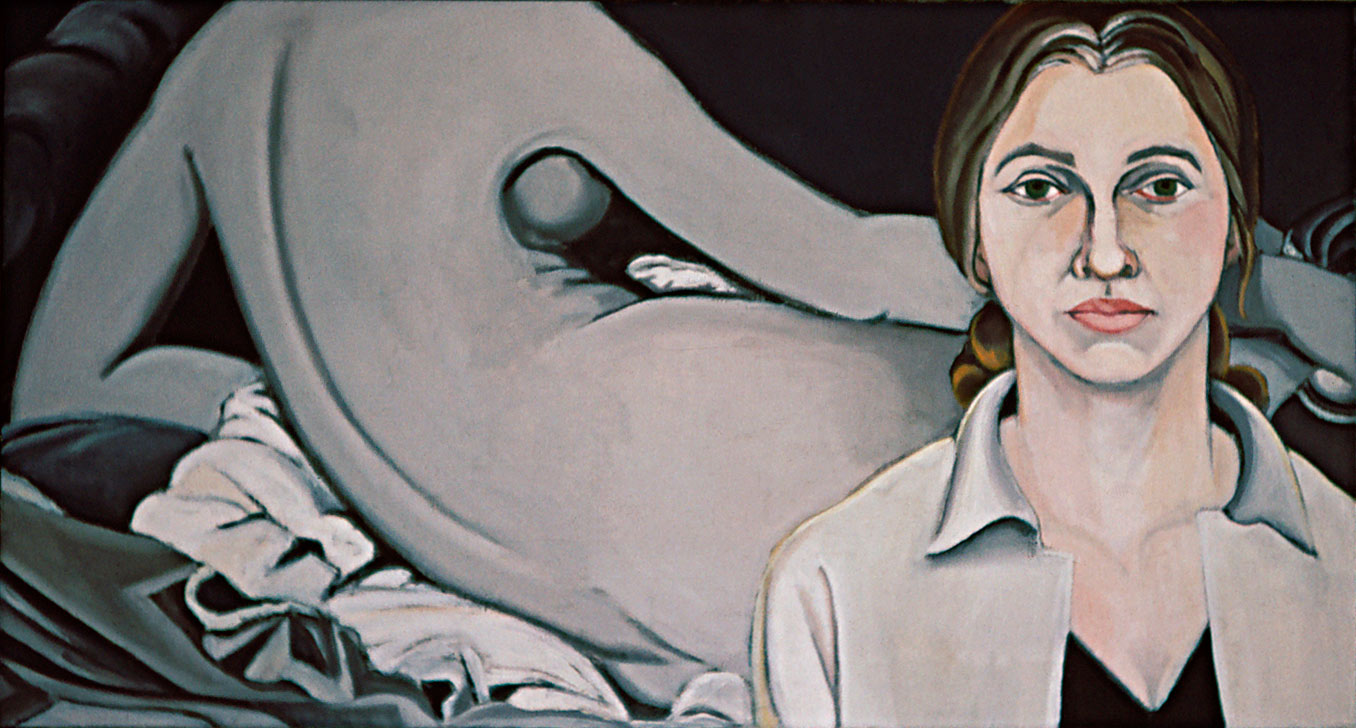 Self Portrait with Grey Odalisque by Ethel Fisher, 1967, oil on canvas, 16 x 26 inches, twentieth century figure painting.