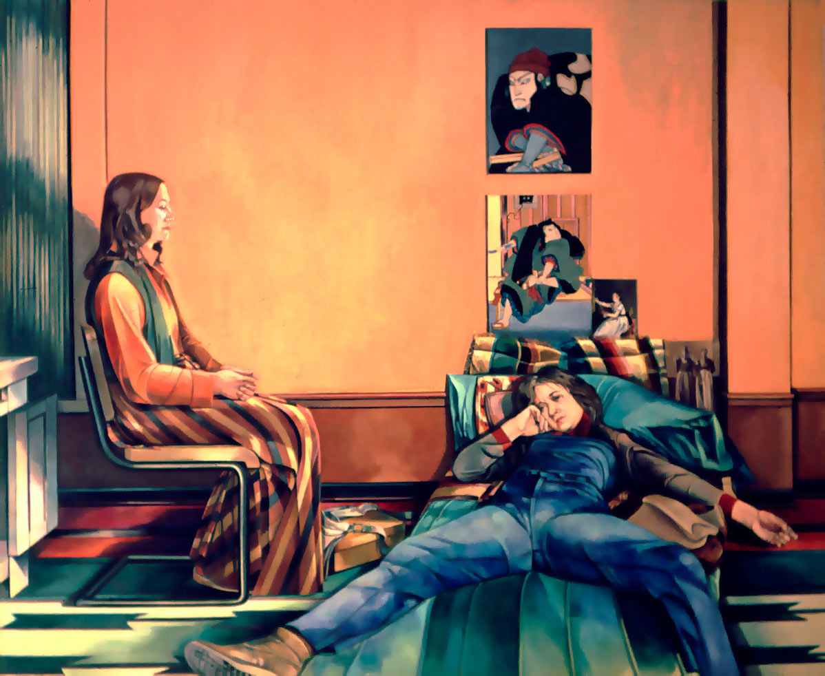 Two Women Conversation by Ethel Fisher, 1978, oil on canvas, 54 x 68 inches, twentieth century figure painting.