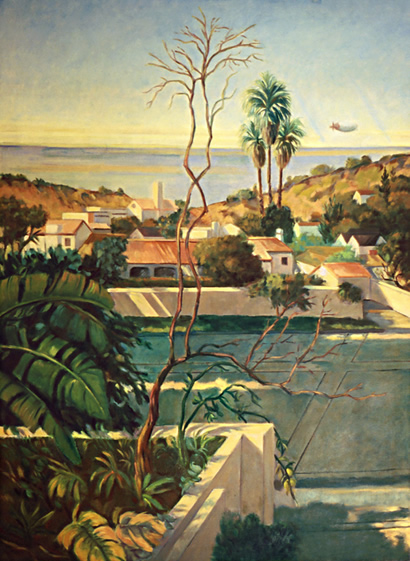 3 Palms with Airship: California Landscape Painting of Pacific Palisades by Ethel Fisher, 1993, oil on canvas, 52 x 44 inches, late twentieth-century landscape painting with airship or blimp over Pacific Ocean.