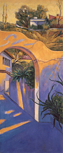 The Arch #1: California Landscape Painting with Spanish style patio wall by Ethel Fisher, 1998, oil on canvas, 44 x 18 inches, late twentieth-century landscape painting.