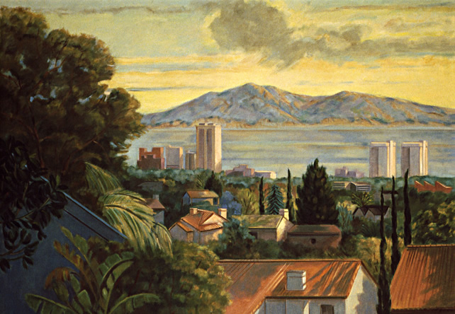 View of Santa Monica Bay #1: California Landscape Painting with a view over rooftops looking west to Santa Monica Bay, by Ethel Fisher, 1996, oil on canvas, 48 x 60 inches, late twentieth-century landscape painting.