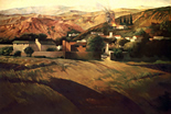 Thumbnail of California Landscape II/with fire in distance: California Landscape Painting by Ethel Fisher, 1985, oil on canvas, 48 x 72 inches, twentieth-century landscape painting with a California wildfire.