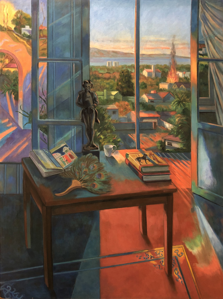 The Peacock Fan: Painting of studio interior, window and exterior landscape looking west to Santa Monica and the Pacific Ocean, by Ethel Fisher, 1998, oil on canvas, 68 x 51 inches, late twentieth-century painting.
