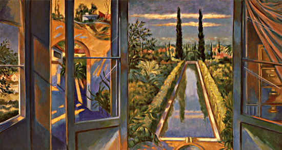 Reflections Blue Studio: Painting by Ethel Fisher, 1998, oil on canvas, 32 x 60 inches, late twentieth-century painting of a studio interior with open window and landscape.