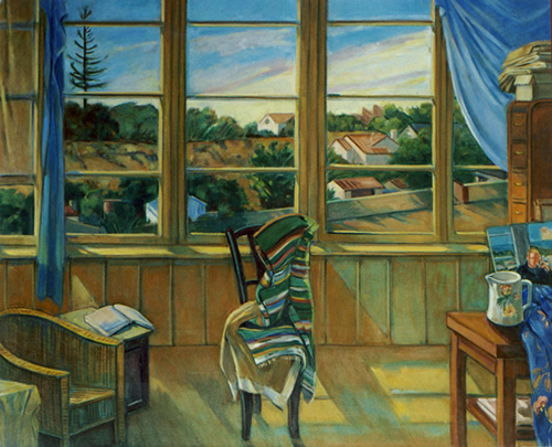 Studio Interior/October: Painting of artist's studio with window and exterior landscape, by Ethel Fisher, 2000, oil on canvas, 36 x 44 inches, twenty-first century painting.
