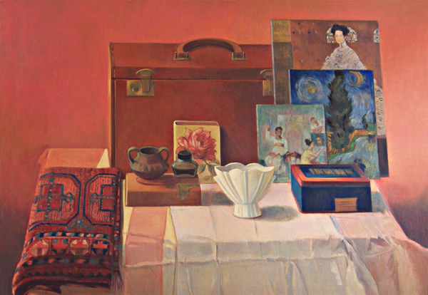 Red Still Life: Still Life Painting by Ethel Fisher, 1982, oil on canvas, 30 x 40 inches, late twentieth century still life painting.