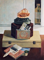 Still Life #3 with Shell on Top: Still Life Painting with hat box, gelatin mold, conch shell, paintbrush and postcards of the catacombs by Ethel Fisher, 1983, oil on canvas, 24 x 18 inches, late twentieth century still life painting