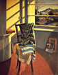 Thumbnail of Corner of Studio #2: Painting of artist's studio with chair, rug, window and exterior landscape, by Ethel Fisher, 1993, oil on canvas, 41 x 32 inches, late twentieth-century still life painting