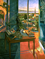Thumbnail of The Peacock Fan: Painting of studio interior, window and exterior landscape looking west to Santa Monica and the Pacific Ocean, by Ethel Fisher, 1998, oil on canvas, 68 x 51 inches, late twentieth-century painting