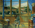 Thumbnail of Studio Interior/October: Painting of artist's studio with window and exterior landscape, by Ethel Fisher, 2000, oil on canvas, 36 x 44 inches, twenty-first century painting.