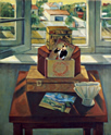 Still Life with Three Boxes: Still Life Painting with three boxes and a painting by Manet of the fifer boy on a table by window with exterior landscape view, by Ethel Fisher, 1994, oil on canvas, 24 x 20 inches, late twentieth century still life painting
