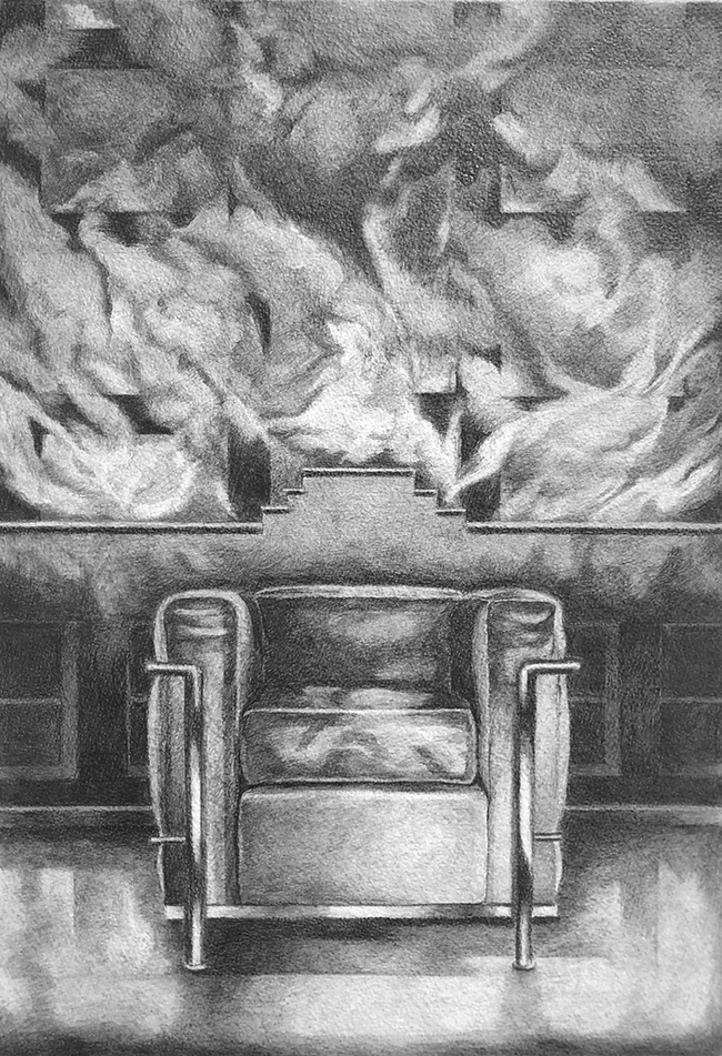 Corbusier Chair in Front of a Fire: Drawing by Ethel Fisher, 1978, graphite on Arches paper, 20 x 14 inches, twentieth-century drawing of a chair designed by Le Corbusier.