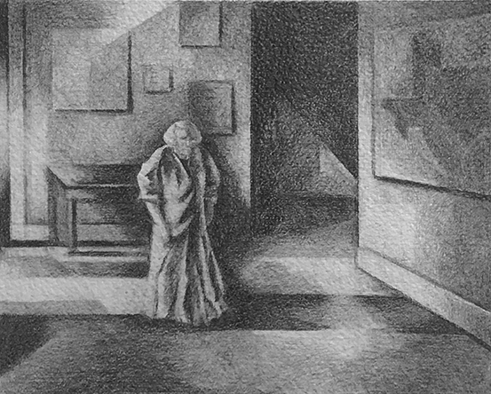 Hotel Hallway, Galveston, Texas: Drawing by Ethel Fisher, 1975, graphite on Arches paper, 20 x 14 inches.