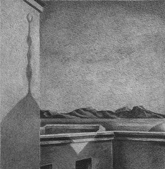 Tunisian Sunset: Drawing by Ethel Fisher, 1976, graphite on Arches paper, 20 x 14 (10 x 9.25) inches.