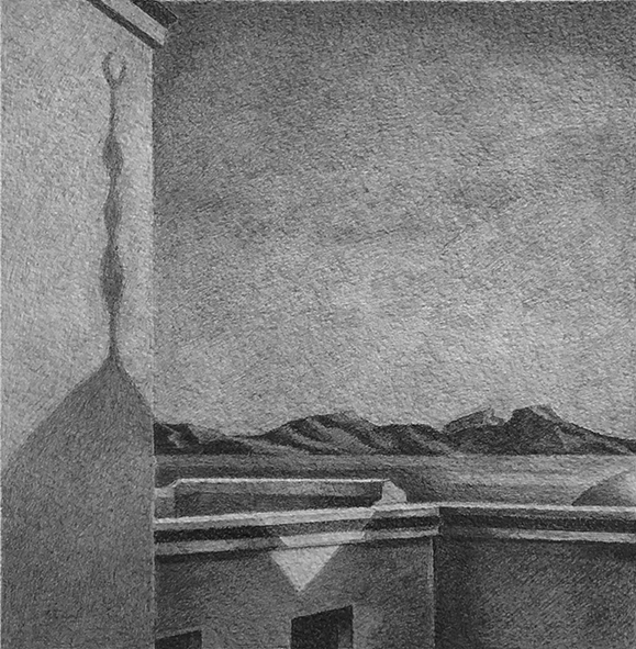 Tunisian Sunset: Drawing by Ethel Fisher, 1976, graphite on Arches paper, 20 x 14 (10 x 9.25) inches.