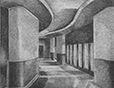 Thumbnail of Auditorium: drawing by Ethel Fisher, 1975, of the Auditorium Lobby for the New School for Social Research, graphite on Arches paper, 20 x 14 (5.75 x 7.25) inches, mid-twentieth century drawing on a theme of architecture.