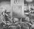 Jane Logemanns Loft: drawing by Ethel Fisher, 1975, of Loft Interior with Figure, graphite on Arches paper, 20 x 14 (7.25 x 9.25) inches, mid-twentieth century drawing on a theme of architecture.