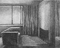Thumbnail of Marys Room: drawing by Ethel Fisher, 1976, of Interior Space with couch and window and fireplace, graphite on Arches paper, 20 x 14 (7.25 x 9.25) inches, mid-twentieth century drawing on a theme of architecture.