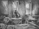 Thumbnail of Private Room: drawing by Ethel Fisher, 1975, of an Interior with Figure at Window, graphite on Arches paper, 20 x 14 (6.75 x 8.75) inches, mid-twentieth century drawing on a theme of architecture.