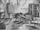 Thumbnail of Studio Interior Los Angeles: drawing by Ethel Fisher, 1975, of Los Angeles studio with mid-century modern furniture, graphite on Arches paper, 20 x 14 (6.75 x 9) inches, mid-twentieth century drawing on a theme of architecture.